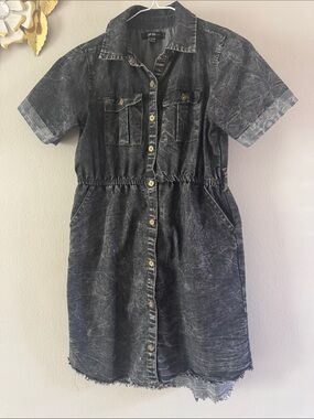 Girls' Washed Black Denim Shirt Dress with Button Front